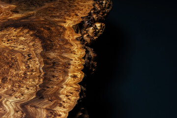 Extreme close-up, wood texture, wooden countertop slab, saw cut wood on black. Isolate.