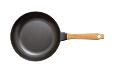 Cast iron frying pan with beech wood handle isolated on white, including clipping path - obrazy, fototapety, plakaty
