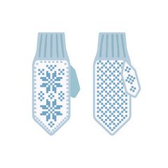 Cute winter knitted mittens with snowflakes pattern
