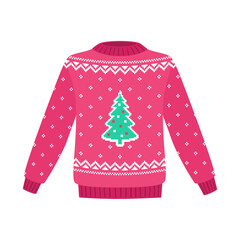 Red knitted sweater with Christmas tree and snowflakes