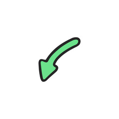 Green arrow doodle vector icon pointing down. Pin map symbol cursor in cute sketch style with black stroke.