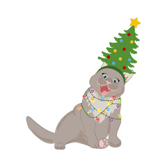 Cute cat with holiday hat and light bulb