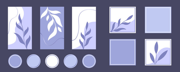 Social media stories, posts, highlights templates set for bloggers. Vector backgrounds in trendy very peri violet colors with abstract purple leaves. Color of the year 2022.