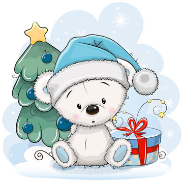 Cute Cartoon Teddy Bear in a hat with gift