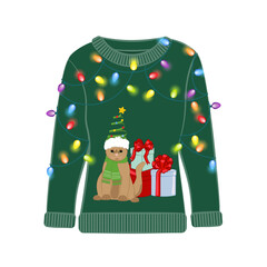 Ugly Christmas party sweater with funny cat print.