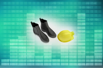 3d rendering yellow and red construction helmet with gum boot
