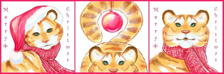 Fototapeta premium watercolor tiger, illustration for a New Year's card, a postcard for the new year 2022, a symbol of 2022, a cute tiger cub, a drawing of a tiger cub, an illustration for printing,