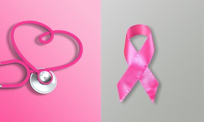 Pink ribbon and stethoscope on background. Breast cancer awareness concept