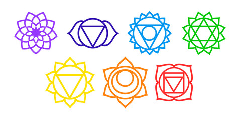 Chakras. Vector set. Sacral chakra symbol. For logo yoga healing meditation. Beautiful outline mandalas - obrazy, fototapety, plakaty
