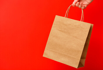 Female hand holding brown craft blank shopping bag isolated on red background. Black friday sale,...