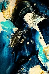 Fototapeta premium Artistic design. Painter uses vibrant paints to create these magic art, with addition golden glitters, lines. Painting. Very beautiful art. Abstract background. Blue and gold paint. Golden sequins.