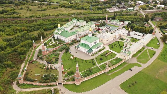 Aerial view of the Epiphany Staro-Golutvin Monastery on a warm September day, located on the outskirts of the city of Kolomna, Russia.
