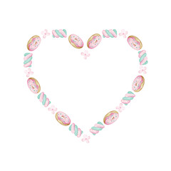 Cute watercolor frame of donuts in glaze with sprinkles, sweet marshmallows and pink flowers on a white background in cartoon style. Illustration of sweets for Valentine's Day and Christmas