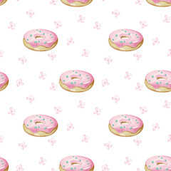 Seamless watercolor pattern with donuts and flowers on a white background in cartoon style. Cute illustration of sweets for paper and textiles. Donuts with icing and sprinkling