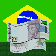 Two hundred Real exchange Brazil Flag background, brazillian national currency