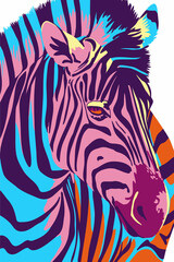 Colorful zebra portrait in pop art style. Abstract, hand-drawn, multi-colored portrait of zebra. For fabric, textile, clothing, wrapping paper, wallpaper, stickers, poster t-shirt design. 