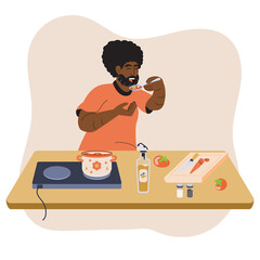 Man cooking in kitchen. Happy man tasting his cooking. Bearded chef male making a stew. Chef character preparing food. Cartoon vector illustration isolated on white.