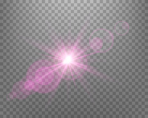 Obraz premium Sunlight lens flare, sun flash with rays and spotlight. Pink glowing burst explosion on a transparent background. .Vector illustration.
