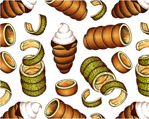 Sketch drawn pattern of colorful chimney cake with pistachio on white background.  Drawing chocolate trdelnik, hungarian sweet baked food, czech dessert, kürtőskalács wallpaper. Vector illustration. - 474736116