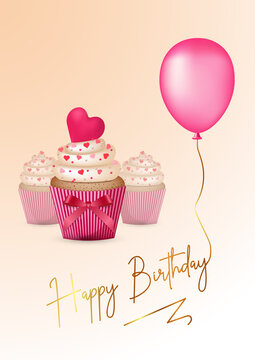 Happy birthday card with cupcakes and balloon