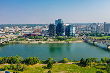 Fototapeta na wymiar Aerial Drone View of the city of Saskatoon in Saskatchewan, Canada