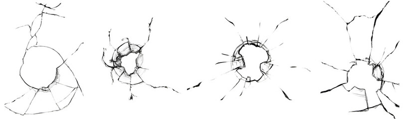 Broken glass, cracked isolated texture set on white background.