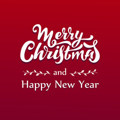 Merry Christmas and Happy New Year, vector hand lettering. White letters with a Christmas pattern on the red background. Vector illustration, style calligraphy. Typography winter holidays. Christmas.