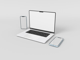 MacBook Pro Laptop and iPhone 13 smartphone in 3D rendered illustration on white background in minimal style for mockup and responsive website. Blank screen Apple laptop computer,  mobile phone 2021.