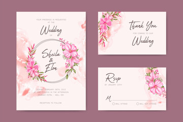 Fototapeta premium Set of watercolor cherry blossom wedding invitation template