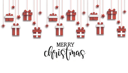 Merry Christmas calligraphy background with gift boxes on white background. 3d Illustration