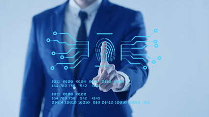 Businessman hand finger print scan pressing screen, digital technology data computer privacy security encryption system login access process finger print symbol