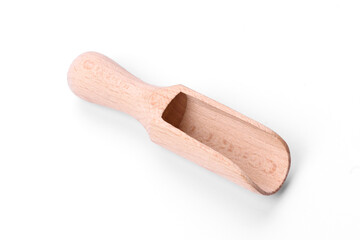 Beautiful wooden scoop for dosing loose products on a white background