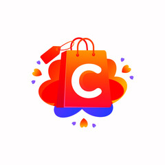 C letter with love shopping bag icon and Sale tag vector element design. C alphabet illustration template for corporate identity, Special offer tag, Super Sale label, sticker, poster etc.