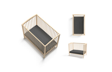 Blank wood cot with black crib sheet mockup, different views