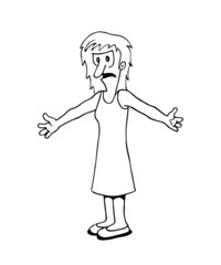 Annoyed angry woman standing and speaking with her arms wide open. Feelings. Cartoon style character black and white vector illustration isolated on white background.