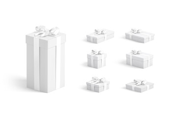 Blank white gift box with ribbon bow mockup, different types