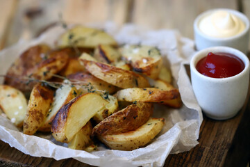 Appetizing French fries with sauces.
