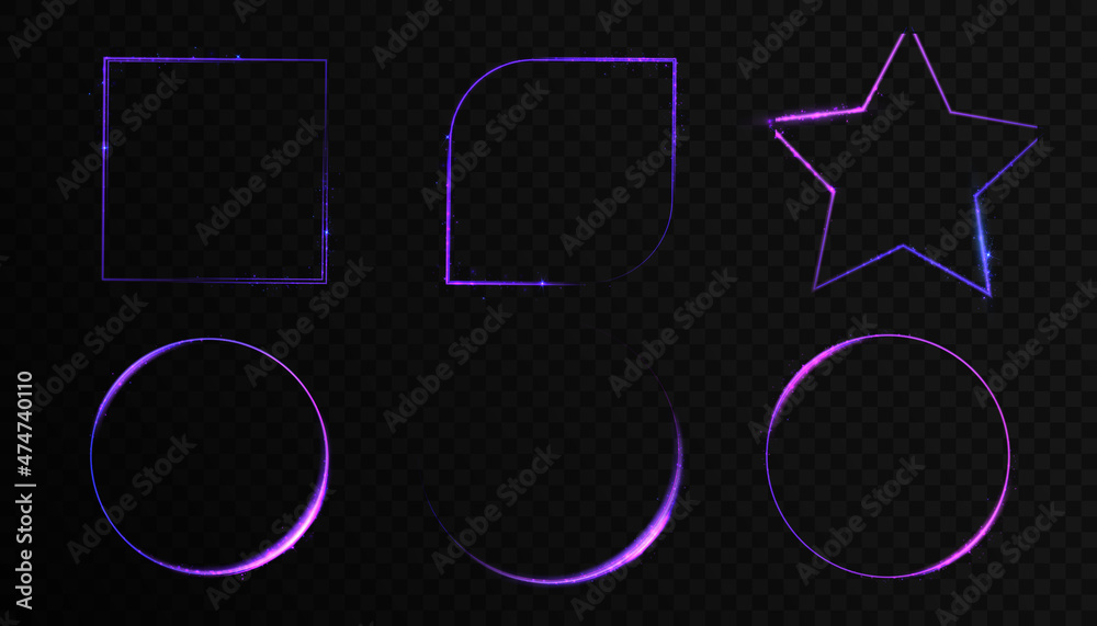 Poster set of purple frames with light effects. isolated on black transparent background. vector illustrati