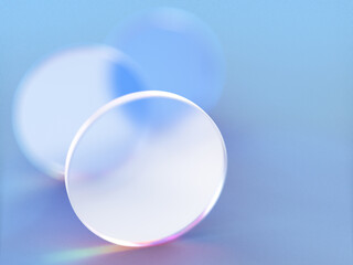 3D rendered round shapes in semi-transparent material on a blue background. Illustration of abstracts, geometry, or minimalism. Visualization of illusion and backgrounds.