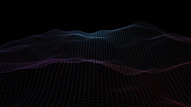 Wireframe abstract mountain landscape. Moving wave blue and violet connected line. Future technology, big data grid background. 3D animation