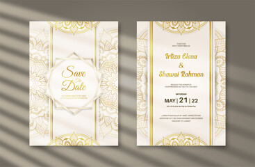 Luxury wedding invitation card with golden mandala ornament on white background. Islamic invitation template