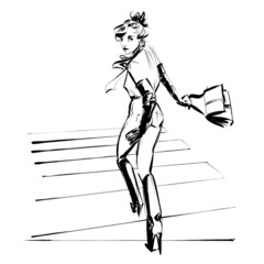 Fashion illustration of a Stylishly dressed woman looks back at the viewer as she crosses the street at a zebra crossing. 