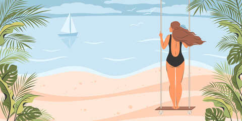 Summer banner with bikini girl on the beach on the swing and with tropical leaves. Vector illustration - obrazy, fototapety, plakaty