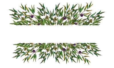 Watercolor border with green and black olive berries and branch. Hand painted botanical banner with olives isolated on white background. 