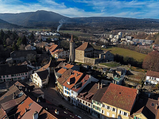 View from above to the castle and old city of Boudry, Switzerland