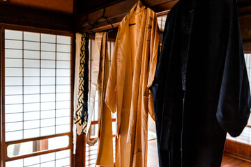 Traditional japanese machiya house or ryokan hotel with sliding paper shoji door and light with...