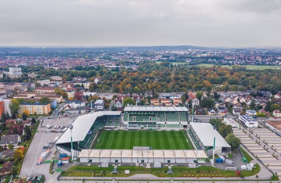 Aerial view over Sportpark Ronhof Thomas Sommer, home stadium for Bundesliga football club SpVgg Greuther Fürth. Fürth. Bavaria, Germany - October 2021
