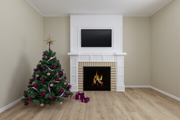 Christmas tree with ribbons and Christmas balls, gifts and fire place, empty living room without furniture  for your works.