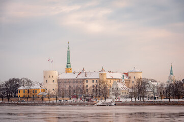 The picturesque view of the Riga Castle - the residence of President of Latvia. Castle on the banks of River Daugava in Riga, the capital of Latvia.