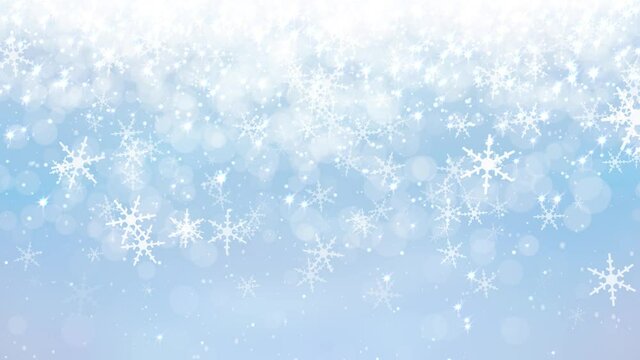 Animated Christmas blue background with falling snowflakes and little starry sparkles